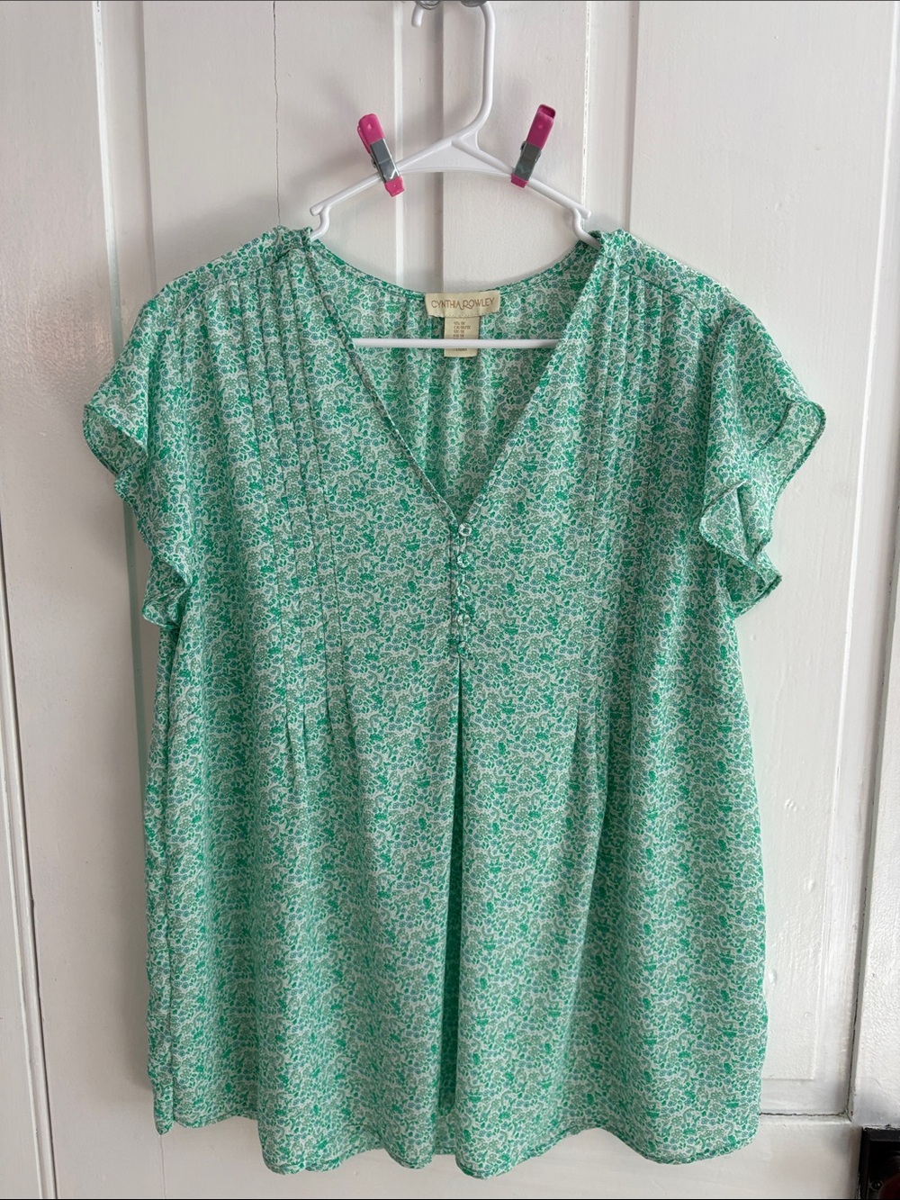 Cynthia Rowley Mint Green Floral V-Neck Flutter Sleeve Blouse